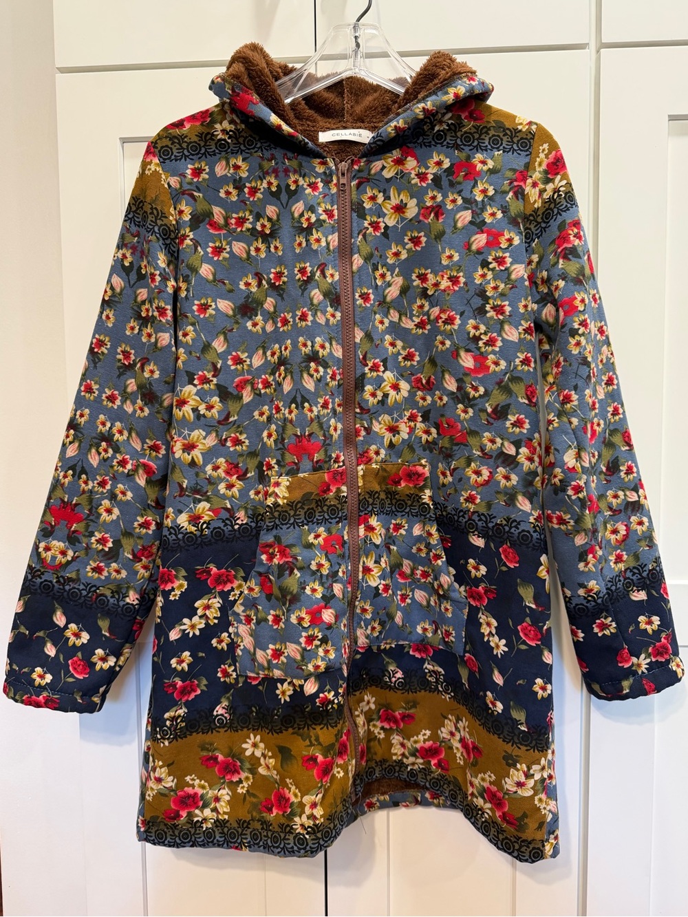 CELLABIE Fleece-Lined Patchwork Floral Hooded Jacket Size M Multicolor Boho Fall